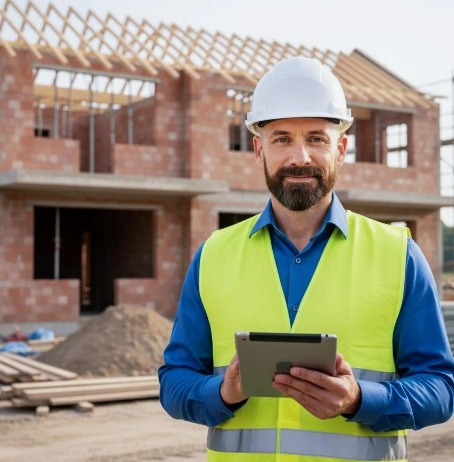 Uitvoerder met tablet bij een nieuwbouwwoning in aanbouw